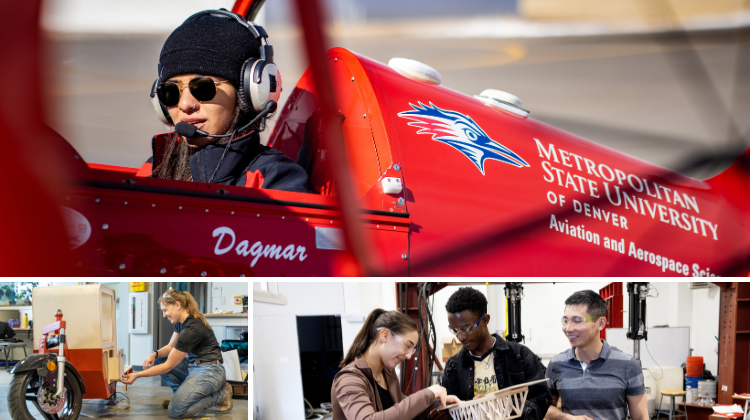 Three departments featured, top: aerospace and aviation sciences, bottom left: industrial design, right: mechanical engineering