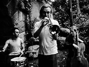 trio of musicians in forest on drums, trumpet, and bass
