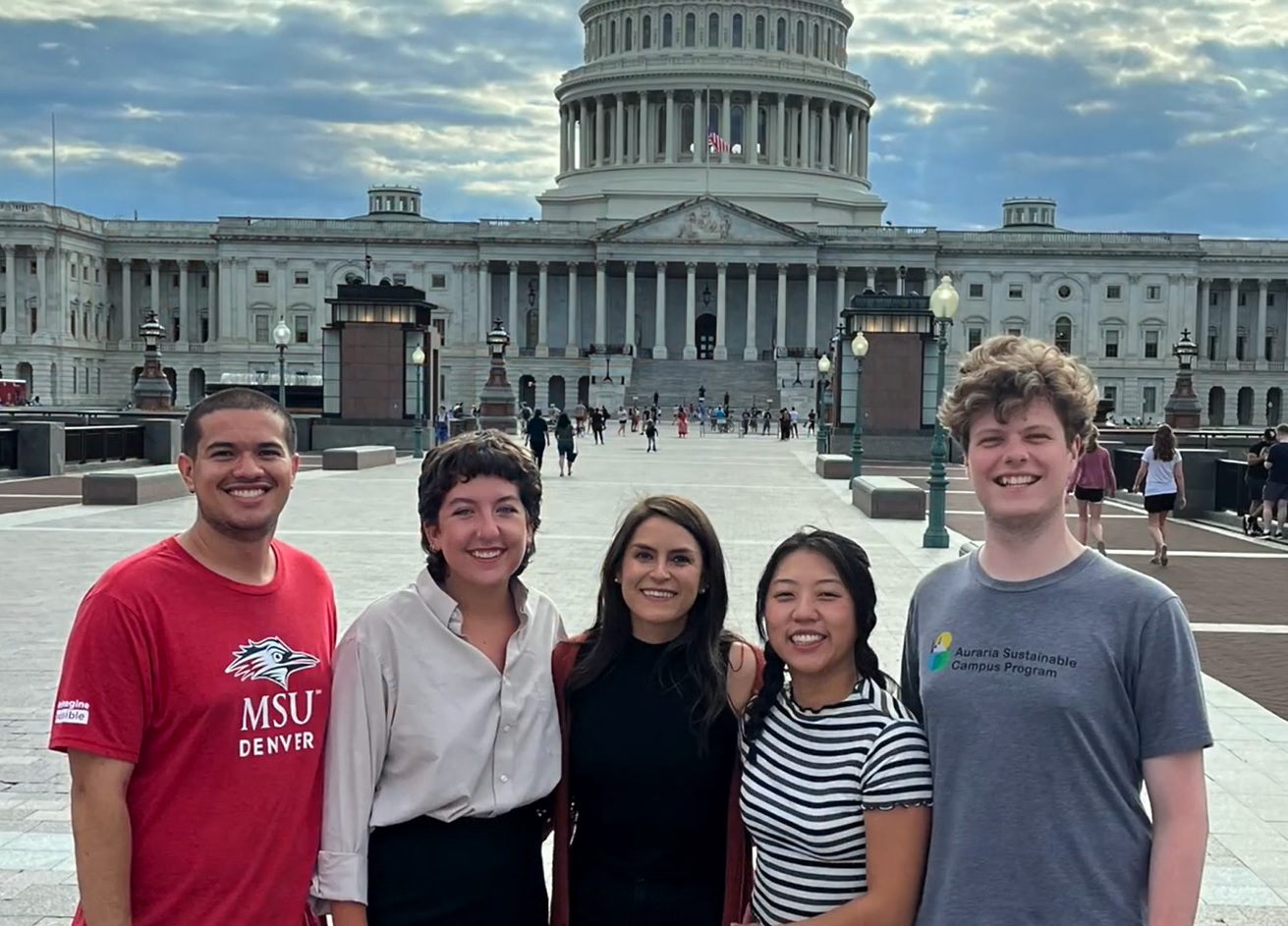 Five MSU Denver students from the Institute for Public Service program standing in front of the Capitol in Washington D.C.