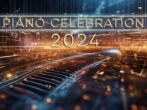 dazzling orange and blue lights over a piano keyboard with text 'Piano Celebration 2024'