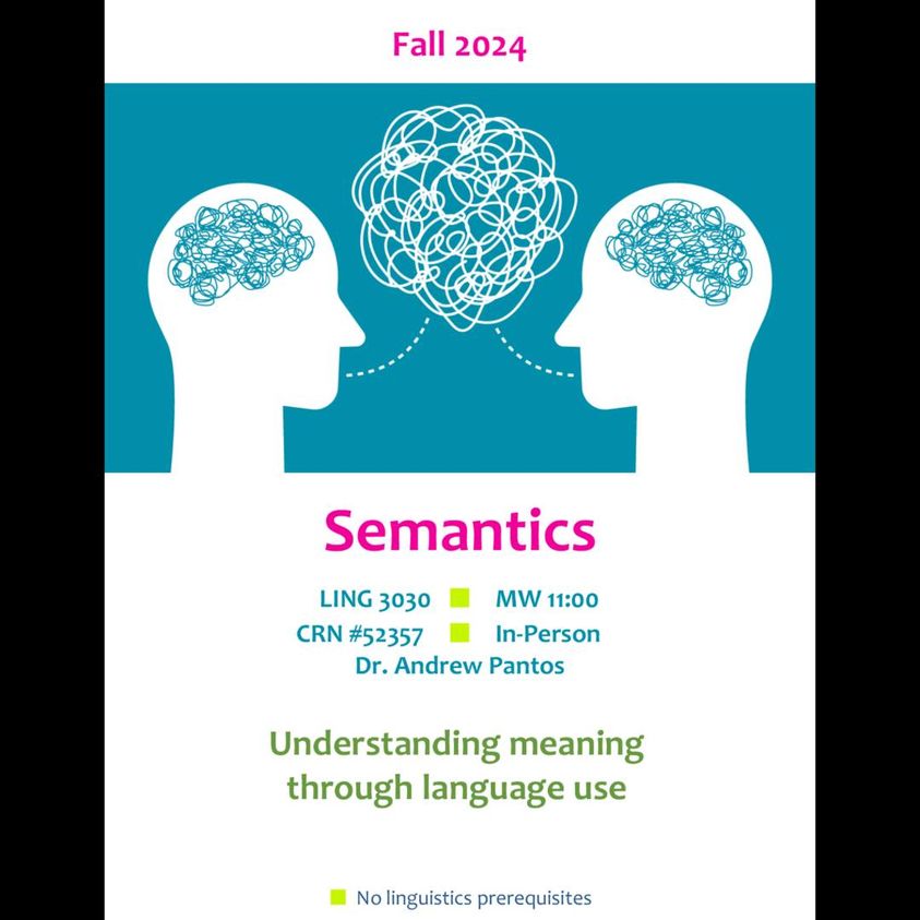 The image is a flyer for Fall 2024 Semantics courses. The background shows two silhouettes of human heads facing each other, with a tangle of lines representing communication between them. The flyer lists four Semantics course offerings: LING 3030 (online asynchronous) MW 11:00 (in-person) CRN #52357 (in-person) In-Person with Dr. Andrew Pantos The subtitle of the flyer reads 