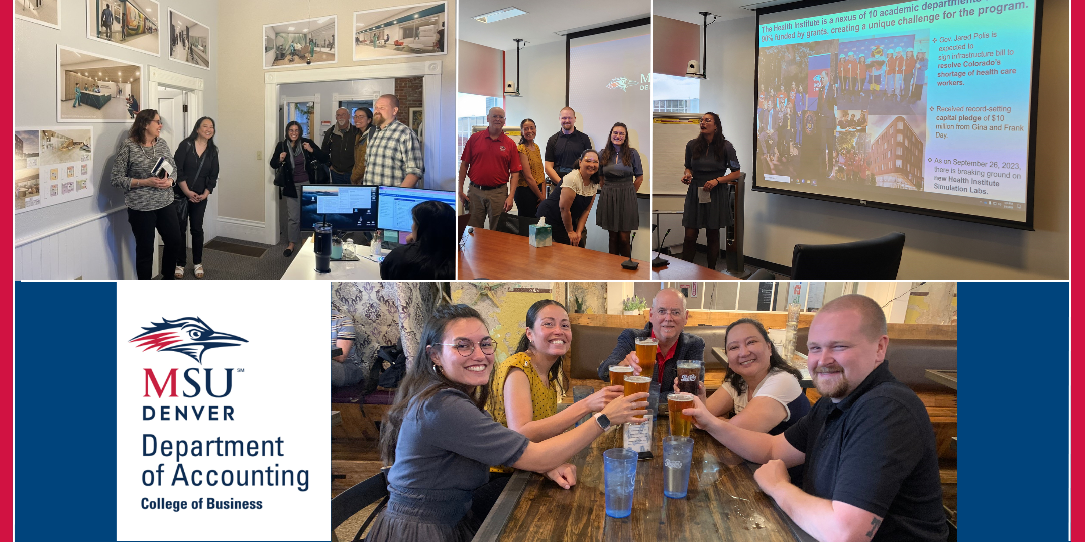 collage image for our MPAcc ACCM 5901 blog post - department of accounting logo, students first visiting their client, 5 students group photo at their presentation in front of their main slide, 1 student mid-presenting, the group of students celebrating after their presentation at Tivoli Brewery