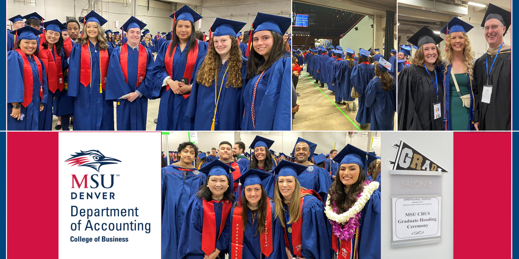Collage of photos from graduating accounting students at the Commencement Ceremony, Department of Accounting logo, and sign at our Hooding Celebration event