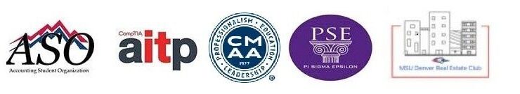 Logos for College of Business student organizations including Beta Gamma Sigma, ASO, AITP, PSE, and Real Estate
