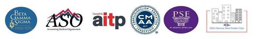 Logos for College of Business student organizations including Beta Gamma Sigma, ASO, AITP, PSE, and Real Estate