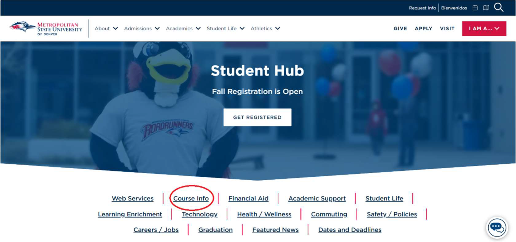 An image of the Student Hub. A circle shows the Course Info link in the top section of the page.