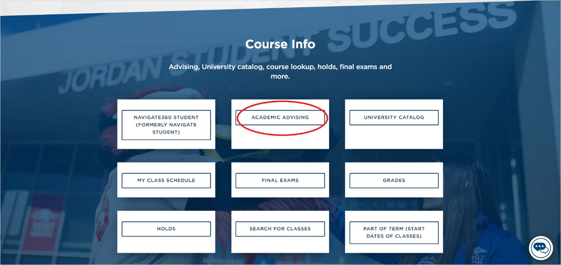 A screenshot of the Course Info section on the Student Hub page of MSU Denver. The second link is for Academic Advising, which is circled. 