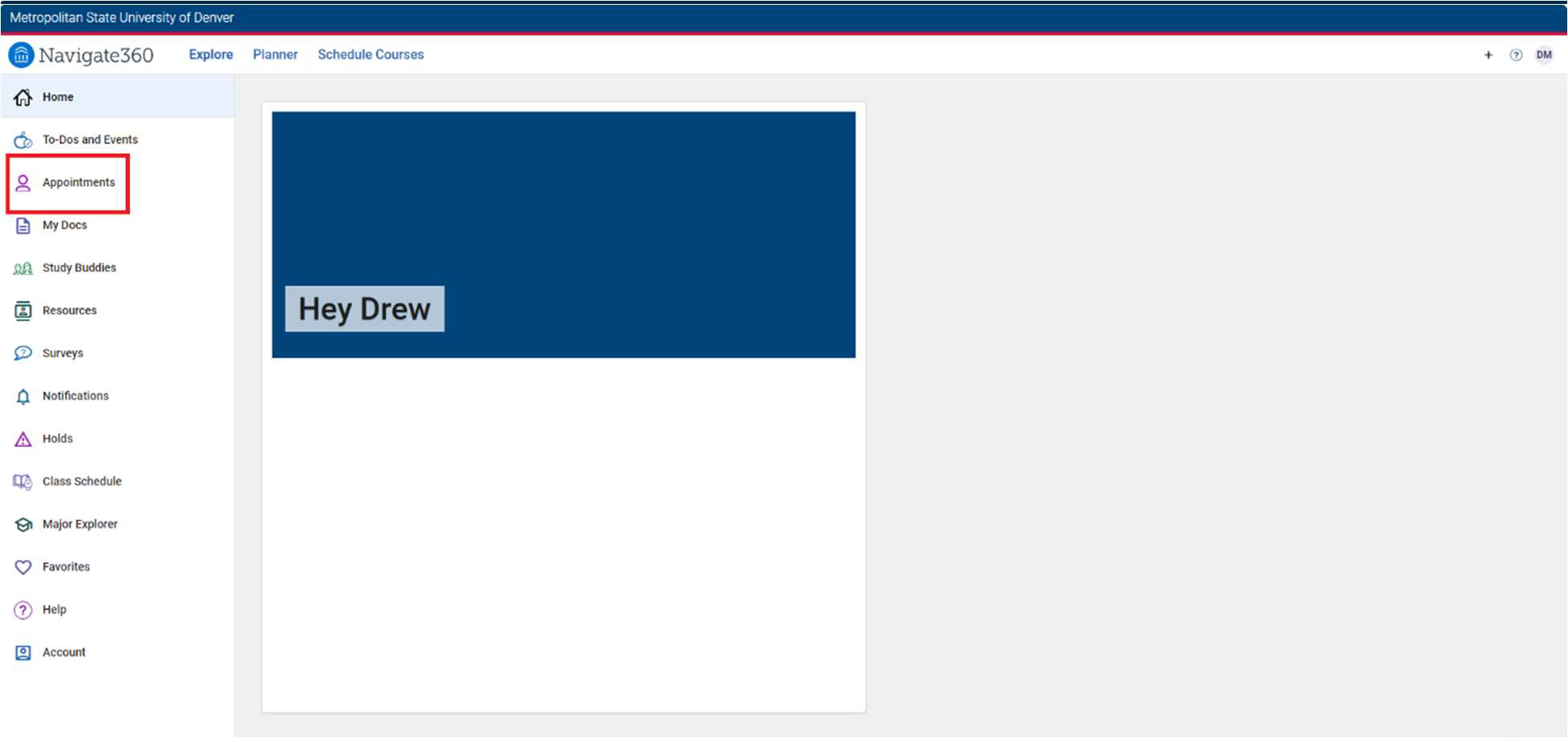 A screenshot of the Navigate Student portal, with the "Appointments" link to the left of the page circled to show where it is on the page.