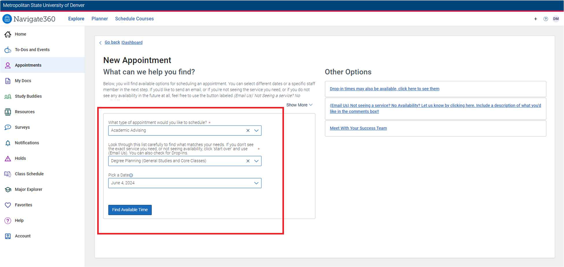 A screenshot of the "Schedule an Appointment" tab, with the different options for scheduling an appointment highlighted.