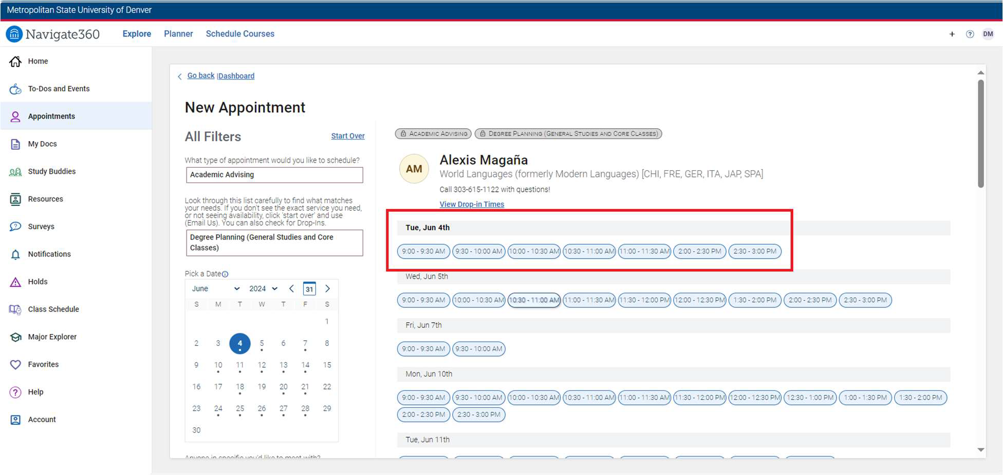 A screenshot of available appointments with an Academic Advisor, sorted by date and then time. 