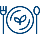 blue icon of fork, plate with plant and spoon