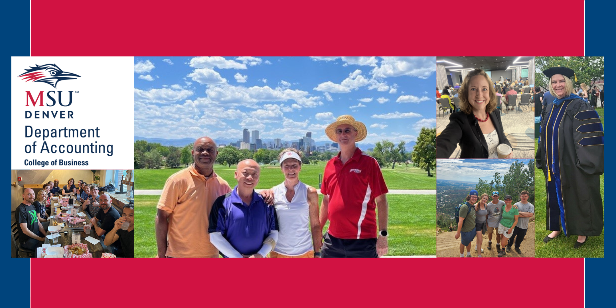 collage of photos for our department of accounting summer happenings blog post including: department logo, a group of MPAcc alumni and director at MPAcc social at Tivoli Brewery, 4 faculty/staff playing golf, 1 faculty leading a training, and 1 faculty in graduation regalia for her PhD graduation