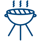 blue icon of grill with fire smoke