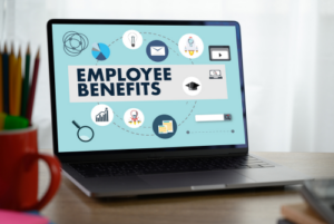 Laptop that says employee benefits with icons