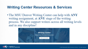 slide from MPAcc app essay tips event listing that the writing center is here to help and an image of part of their homepage