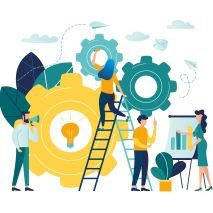 Graphic - various sized gears with individuals working on the gears.