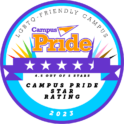 Campus Pride logo. Reads "LGBTQ friendly campus, four and a flad star campus pride rating 2023"