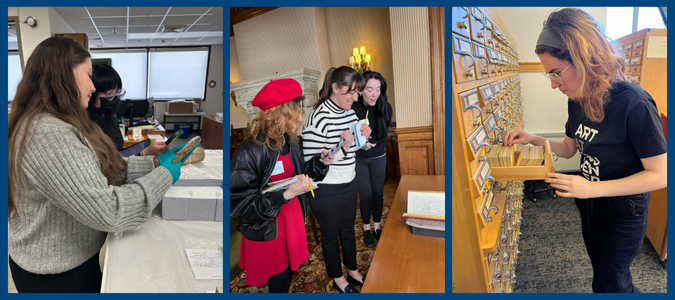 Three images – Image 1 (Left): Two MSU Denver students holding magnifying glass looking at a statue; Image 2 (Middle): Three students smiling and holding notebooks looking at an old book; Image 3 (Right): MSU Denver student filing index cards