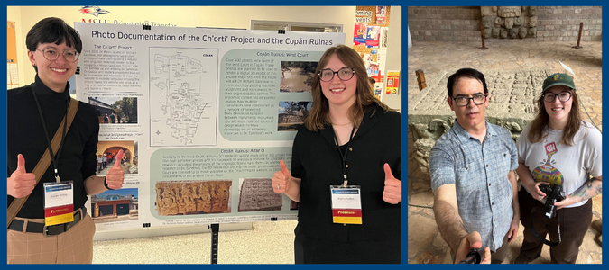 Two images – Image 1 (Left): Sophia Gordon and Lucien Herzog at the MSU Undergraduate Research Conference standing in front of a poster presentation; Image 2 (Right): Richard Sandoval and MSU Denver Student Sophia Gordon at the Copan Sculpture museum