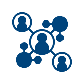 icon image of a digital illustration of a network. shows bubbles with silhouettes connecting.
