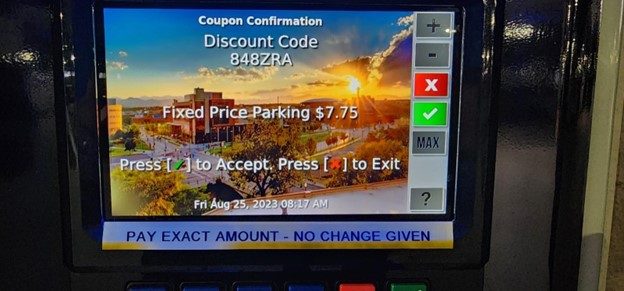 Auraria Campus parking kiosk screen confirmation.