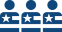 Decorative icons of three human figures in blue.
