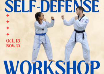 Bonnie and Isaac with their dukes up. Text reading Self Defense Workshop Oct 15, Nov 15