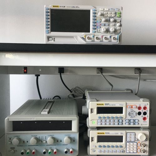 Uniteq Corp. PS-2305 Power Supplies, Rigol DS1104Z Oscilloscopes, Rigol DG1022 Function Generator, and Rigol DM3058E Digital Multi-Meter
