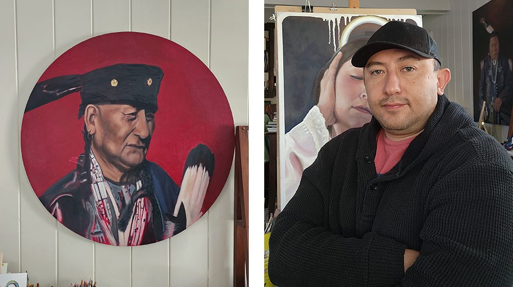 (Panel A) Painted in circle on red background, the elder man looks off to the distance. (Panel B) Paul Lucero, in front of an easel on which a near completed oil painting of a face sized at two times to actual size.