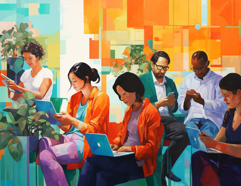 Colorful image that has various people using various types of devices