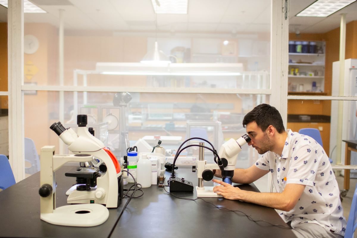 A student with a white and blue flowered collared shirt looks into a microscope