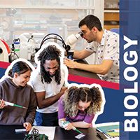 Image split into two sections, top image: A student with a white and blue flowered collared shirt looks into a microscope, bottom image: Three students use pipettes on small pieces of pater; on the right side of image low opacity blue long rectangle with overlaid text that says: Biology