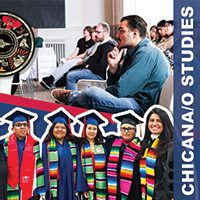 Image split into two sections, top image: A crowd of people look at a stage, bottom image: Chicana/o Studies graduates pose with Department Chair, Dr. Adriana Nieto and Full Professor, Dr. Chalane Lechuga; on the right side of image low opacity blue long rectangle with overlaid text that says: Chicana/o Studies