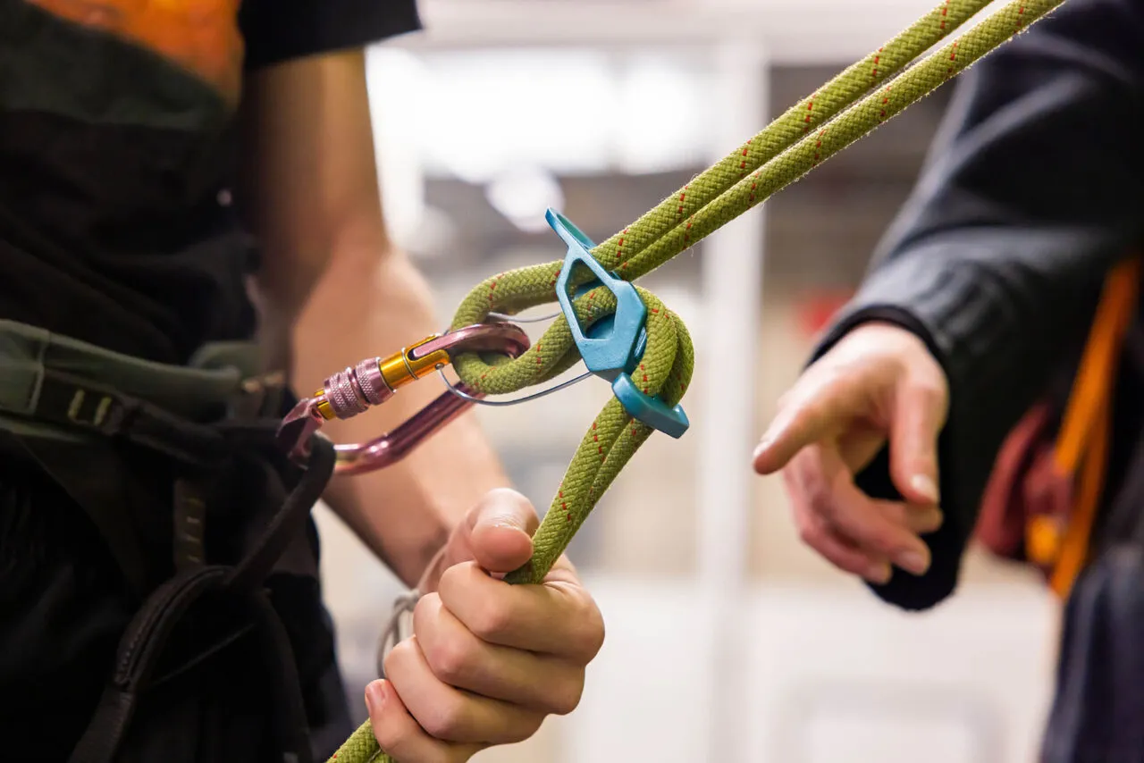 Close up image of a rappel prototype being tested.