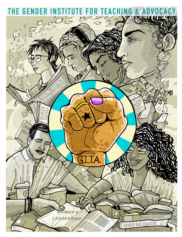 The Gender Institute for Teaching and Advocacy drawing with the GITA round logo with fist in center. The fist has the letters G.I.T.A tattooed on the wrist. The thumb has purple nail polish and the ring finger has a golden band with a black star tattooed above the knuckle.
