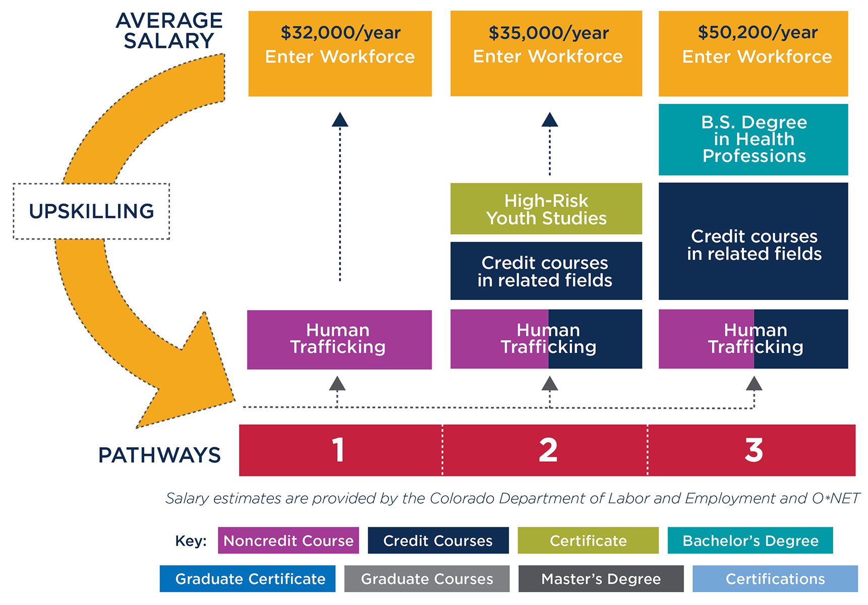Graphic showing pathways to either enter the workforce after taking the Human Trafficking course or to convert the course to credit and continue towards a degree at MSU Denver.