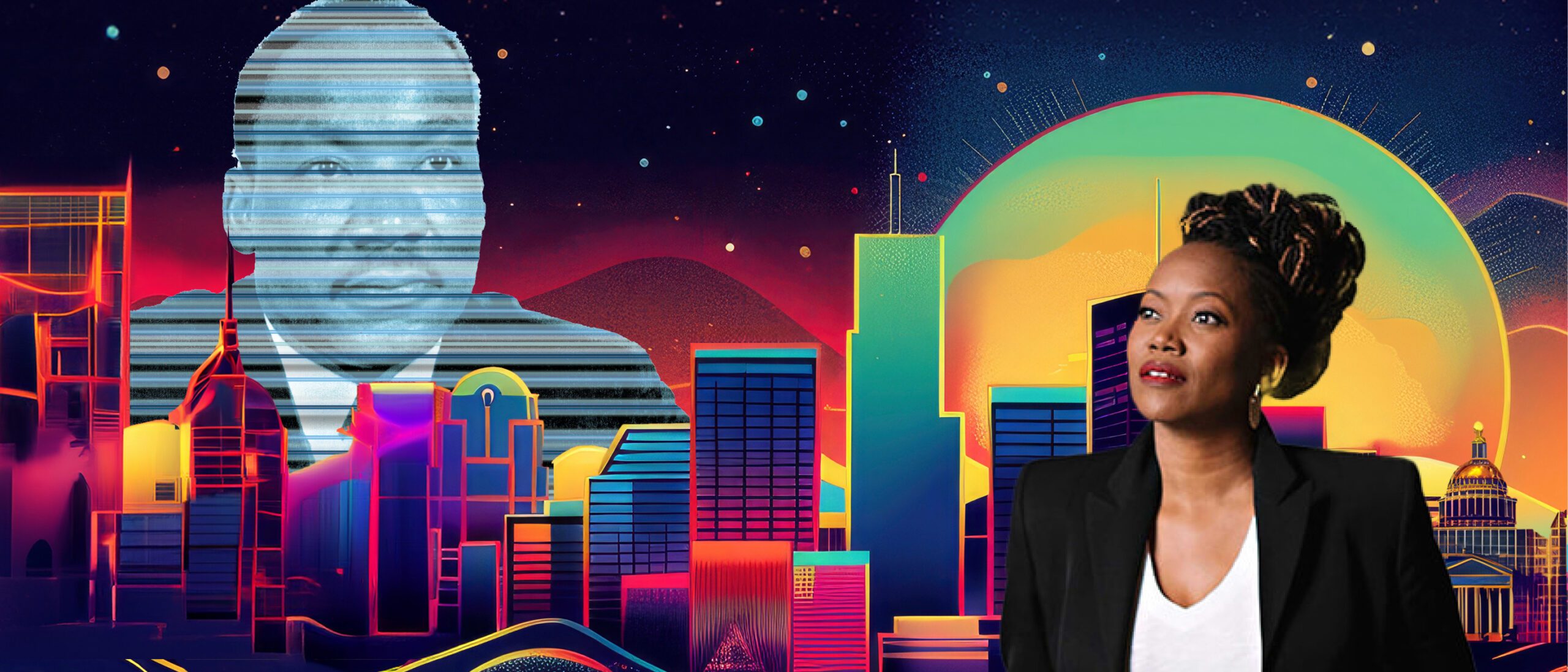 A vibrant, stylized cityscape at night, illuminated in neon colors with a large, transparent image of Martin Luther King Jr.'s face in the sky, resembling a hologram. To the right, Erika Alexander with braided hair, wearing a blazer and white shirt, gazes upward thoughtfully. The city buildings are varied in height and color, with glowing accents that add a futuristic feel. A large greenish-yellow circle in the background suggests a setting or rising sun.