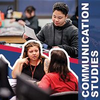 Image split into two sections, top image: A student sits at a desk and holds a piece of paper, bottom image: Two people talking in a computer lab; on the right side of image low opacity blue long rectangle with overlaid text that says: Communication Studies