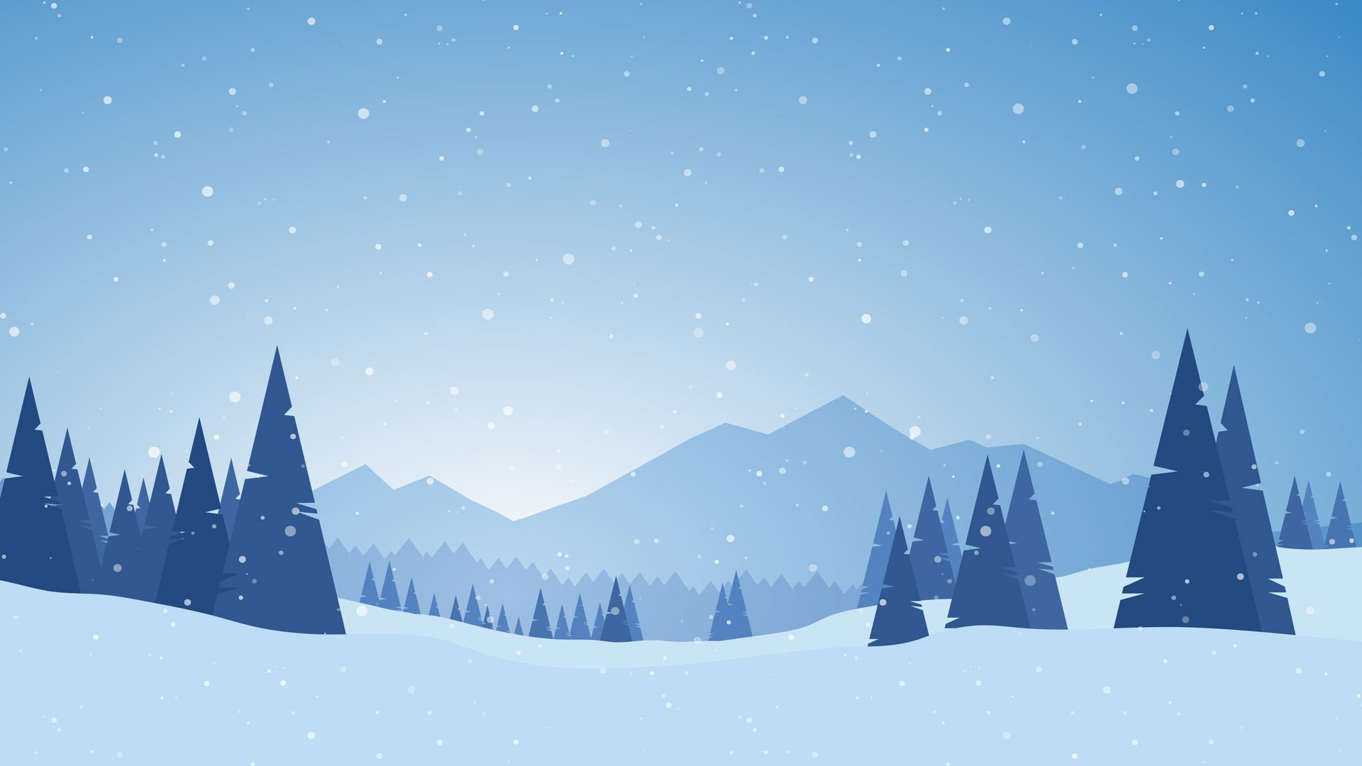 Winter scene with a blue tint to the graphic. Snow falling with blue pine trees and mountains in the background