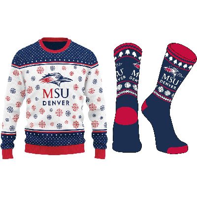 MSU Denver holiday-themed sweater and socks with red and blue snowflakes