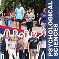 Image split into two sections, top image: Five students walk on Auraria campus, bottom image: Psychological Sciences students pose with Department Chair, Lisa Badanes; on the right side of image low opacity blue long rectangle with overlaid text that says: Psychological Sciences