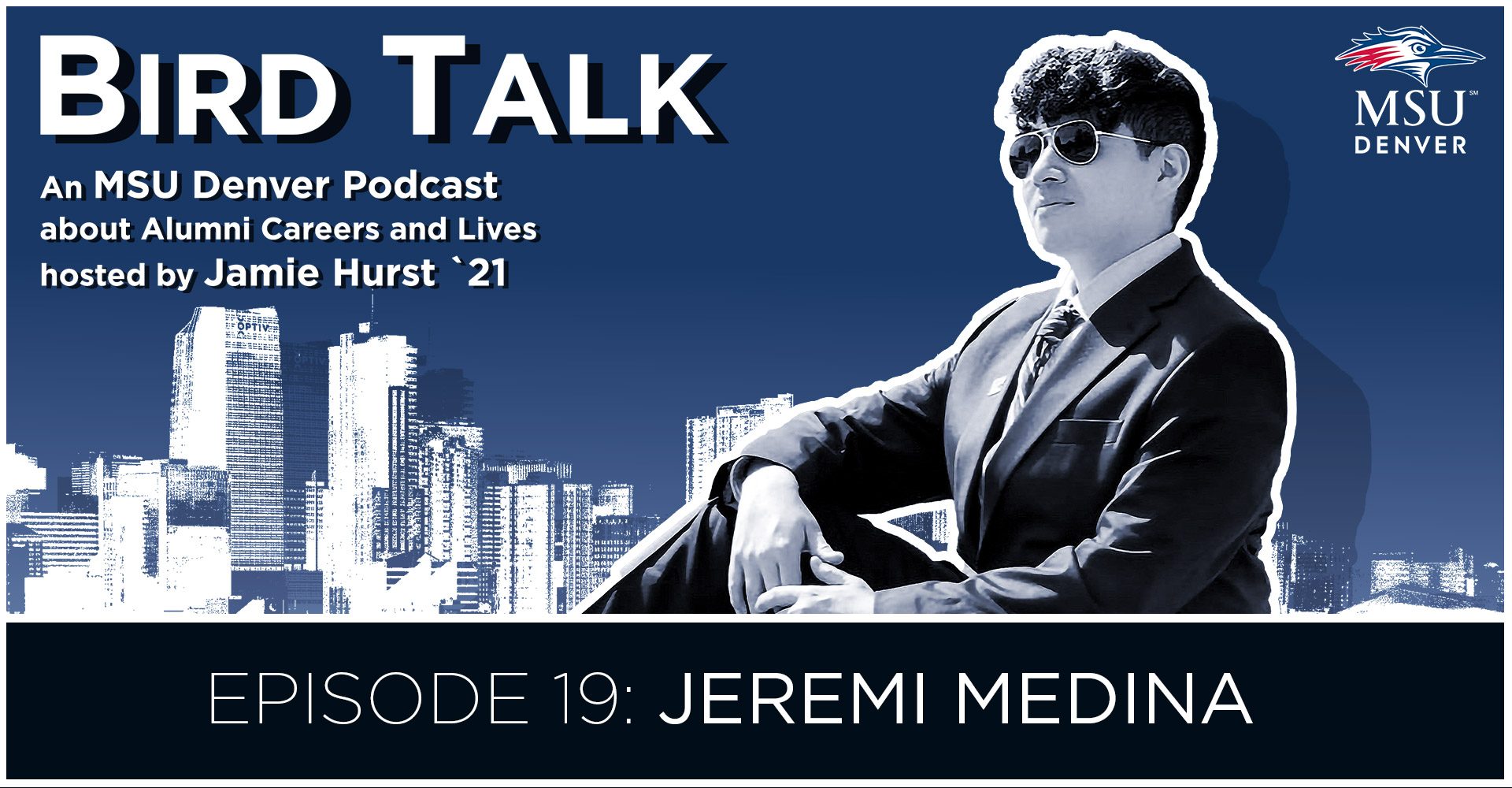 Bird Talk podcast graphic featuring a black & white photo of guest Jeremi Medina. Text says