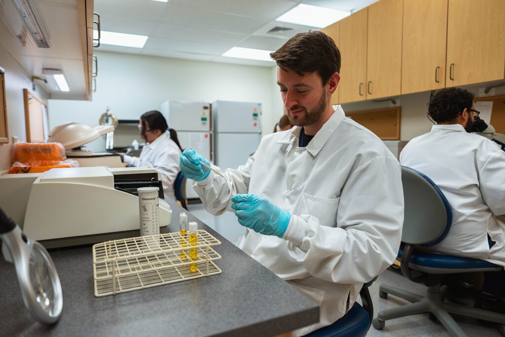 Male scientist working with urine samples in lab