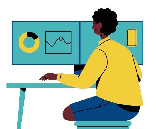 Graphic image of a person studying charts on a computer