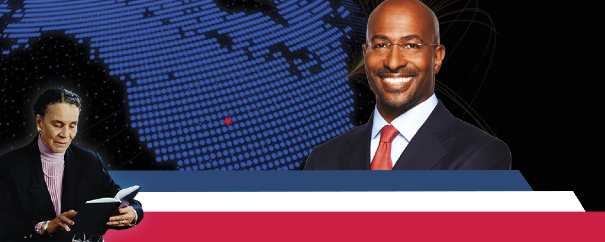 Van Jones is on the right, smiling in a dark suit, white shirt, and red tie, wearing glasses. Rachel B. Noel is on the left, wearing a black blazer over a lavender turtleneck, reading a book with a thoughtful expression. The background consists of a stylized digital globe with blue dots, representing a global network, and a red star marking Denver. At the bottom, layered graphic elements in blue, white, and red create a structured design.