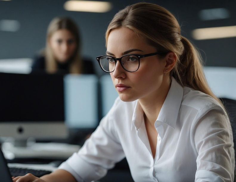 Person with glasses looking at a computer