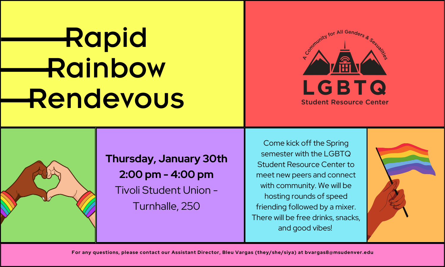 a flyer detailing the Rapid Rainbow Rendezvous on Thursday, January 30th from 2:00p - 4:00p in the Tivoli Student Union, 250 - turnhalle