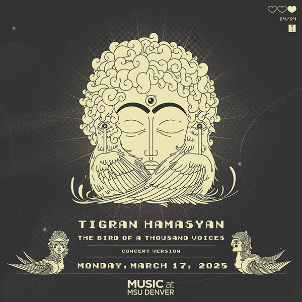 Concert poster drawing for Tigran Hamasyan: The Bird of a Thousand Voices March 17 at MSU Denver