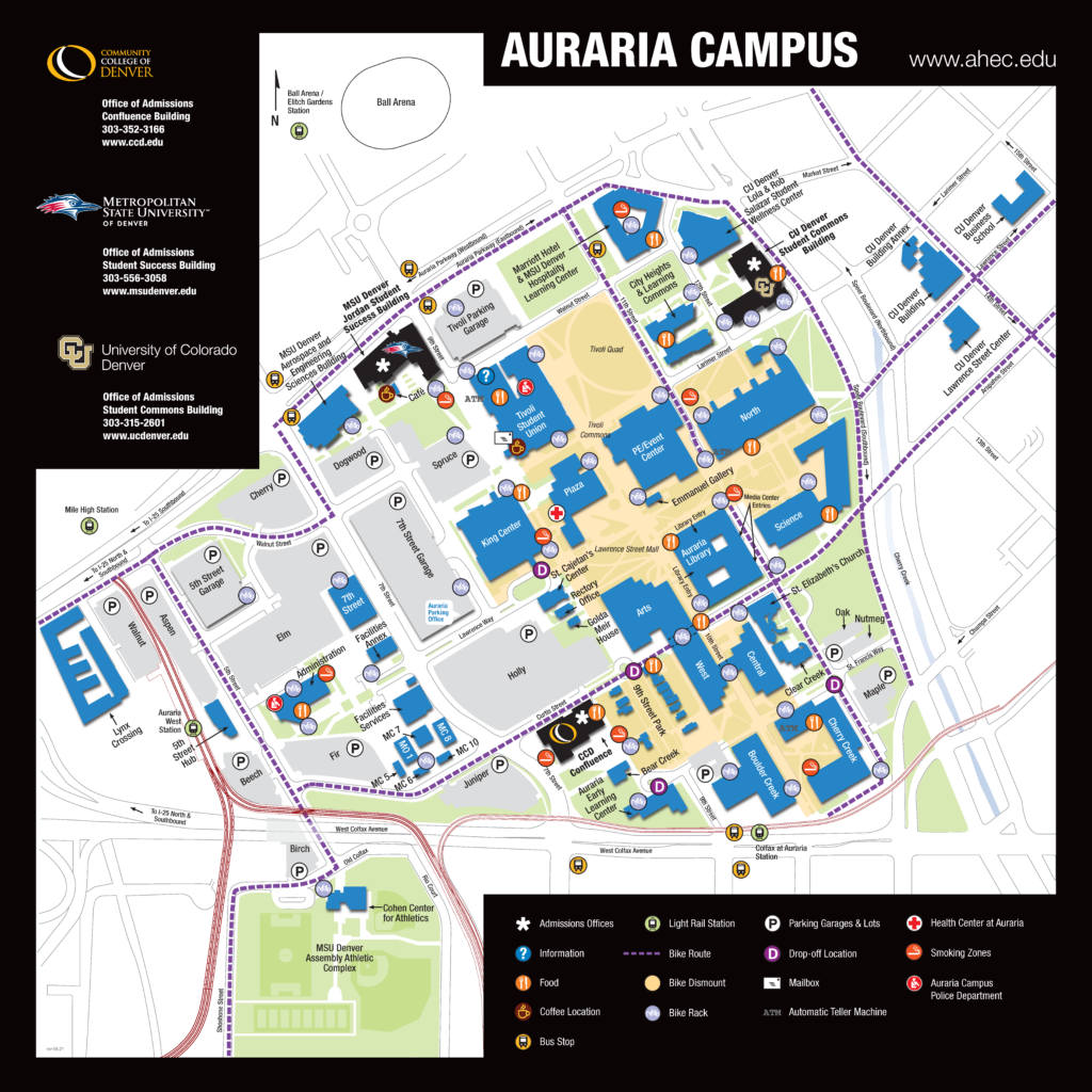 Auraria Campus General Map; a aerial illustration of campus buildings 