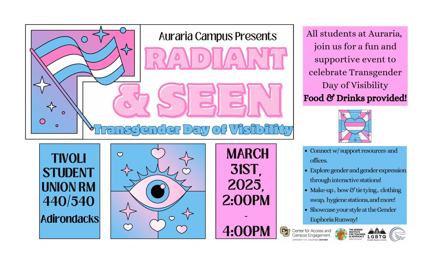 a flyer detailing the Transgender Day of Visibility event on Monday, March 31st from 200p - 4:00p in the Tivoli Student Union, 440/540 - adirondacks